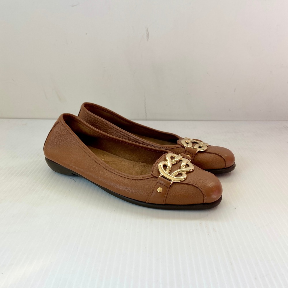 Aerosoles Big Bet Ballet Flats Brown Vegan Leather Gold Buckle Womens 7